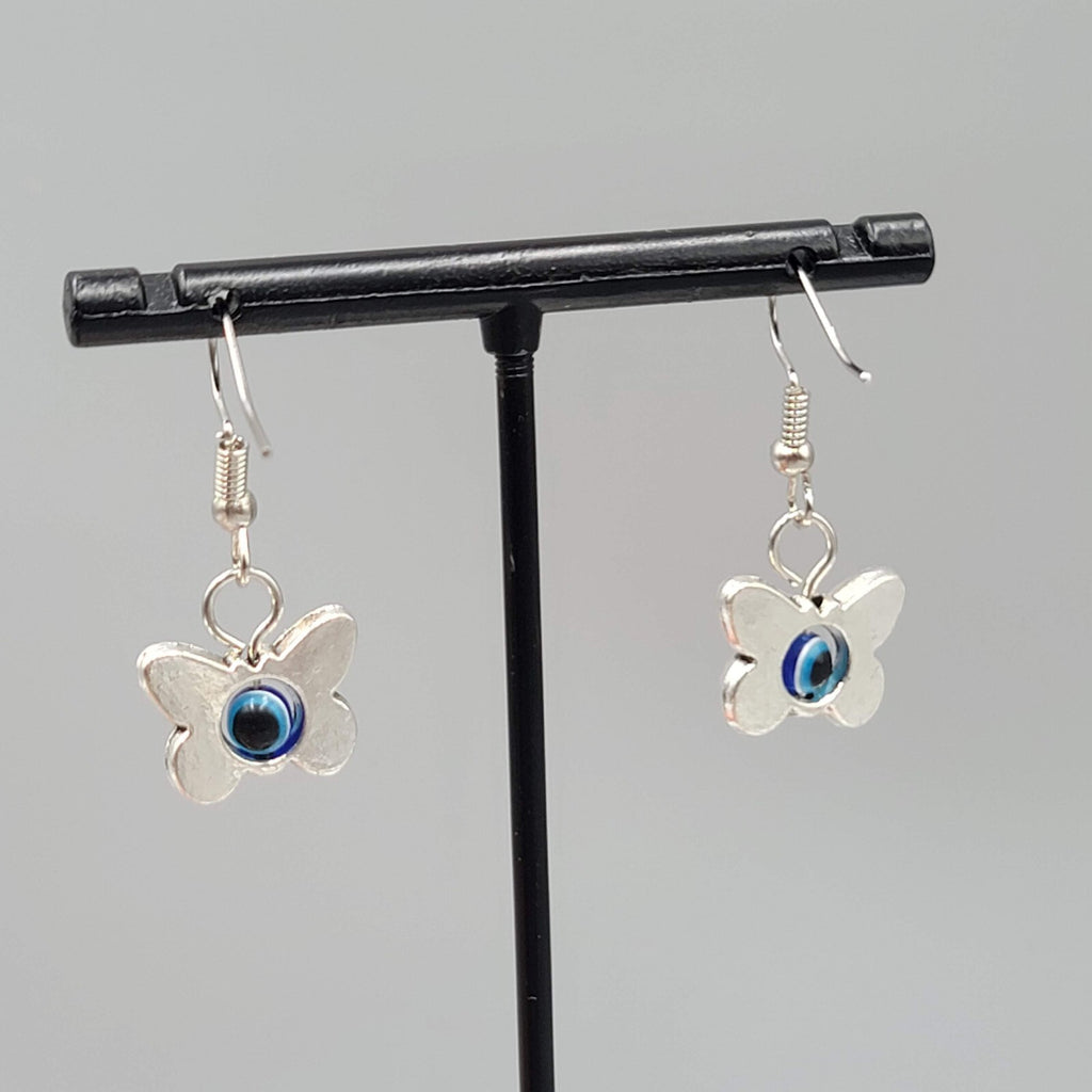 Butterfly Evil Eye Pierced Earrings Silver tone Blue Bead Dangle 5/8"