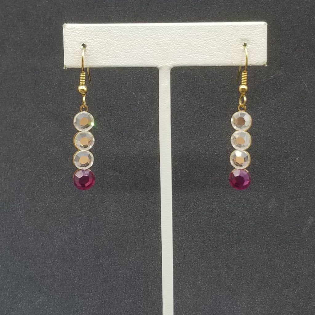 Pierced Earrings Gold tone Clear Purple Faceted Crystal Dangle 1"
