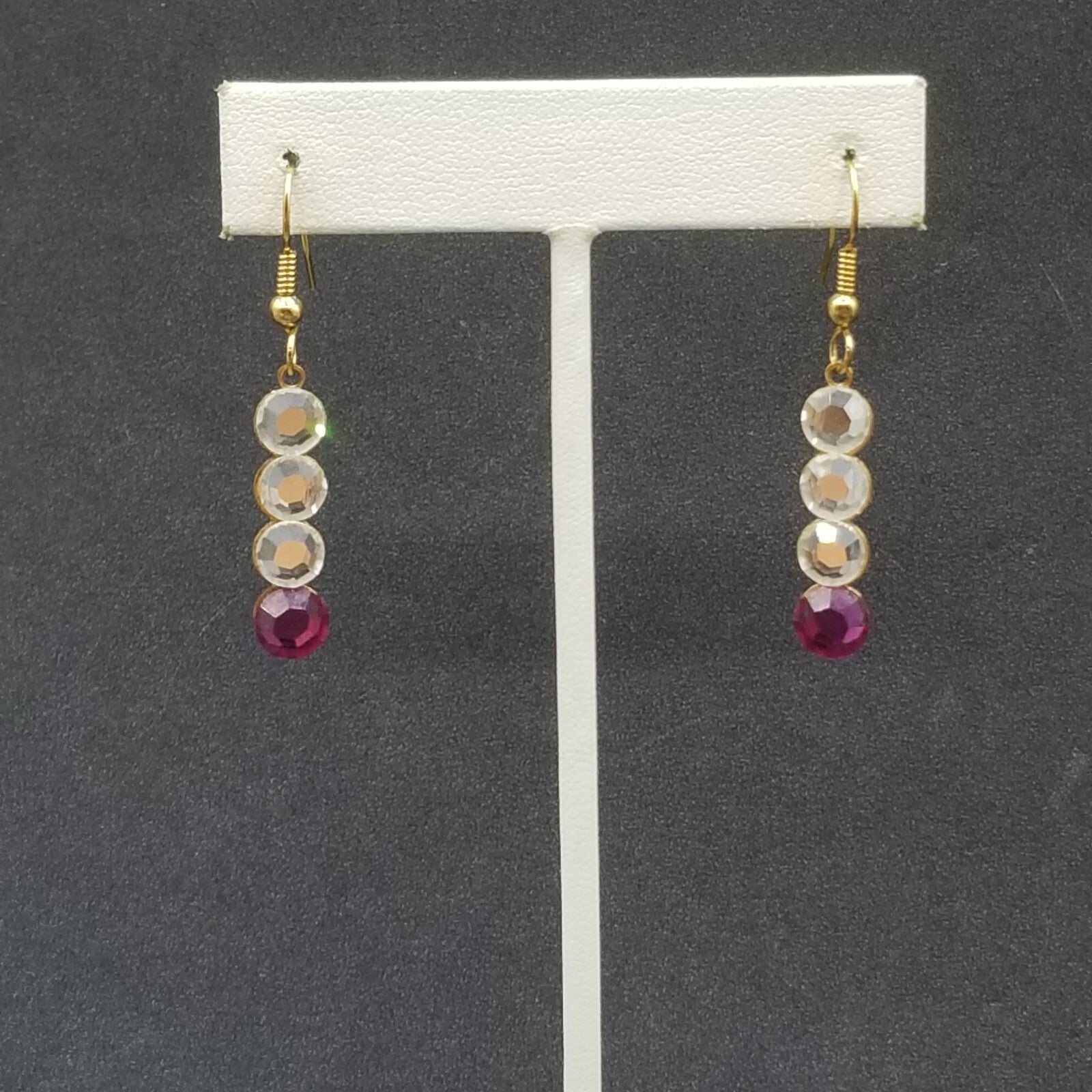 Pierced Earrings Gold tone Clear Purple Faceted Crystal Dangle 1"