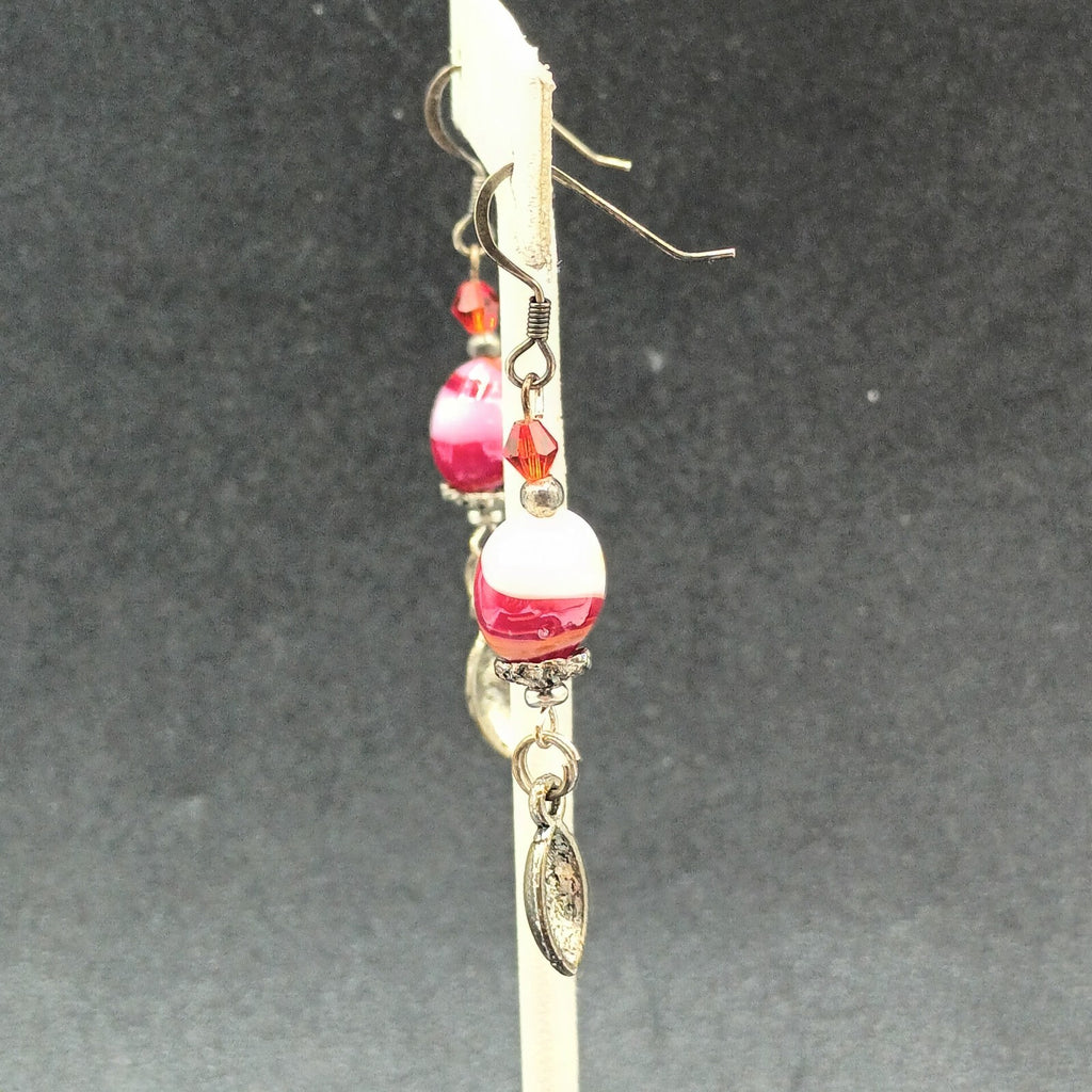 Pierced Earrings Red White Swirl Art Glass Silver tone Football Dangle Charm