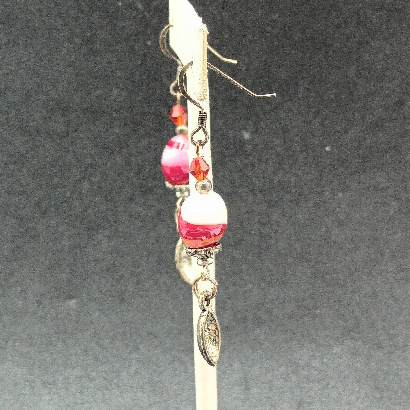 Pierced Earrings Red White Swirl Art Glass Silver tone Football Dangle Charm