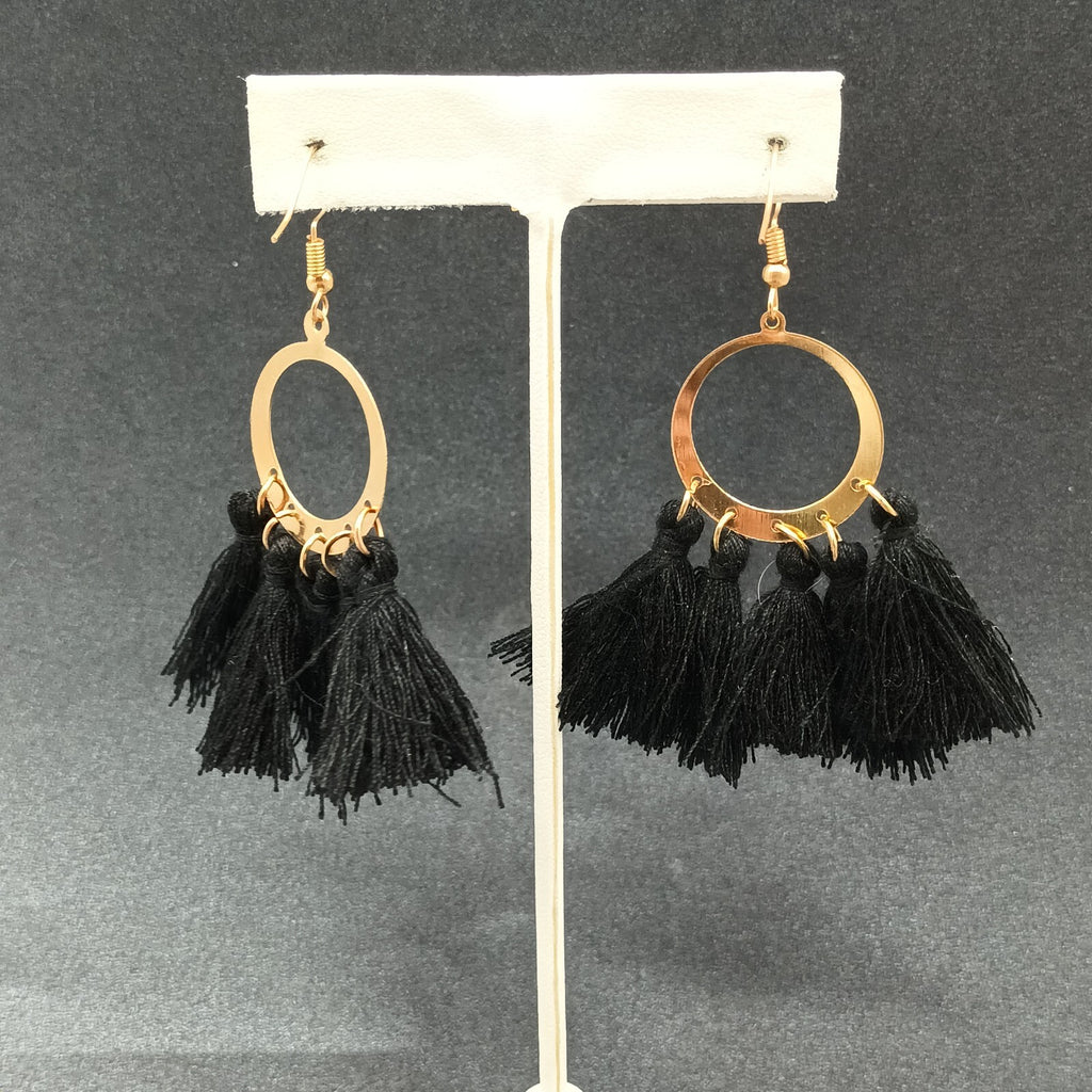 Boho Pierced Earrings Gold tone Circle Black Tassel Statement Dangle 2 1/4"