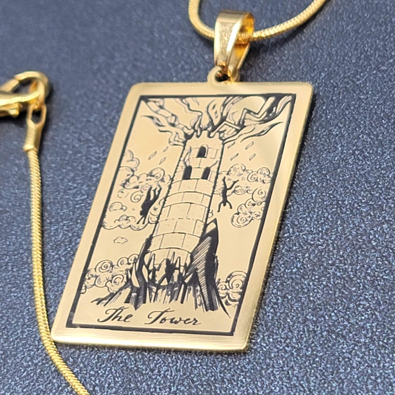 The TOWER Tarot Card Pendant Necklace Major Arcana Gold tone 18”.