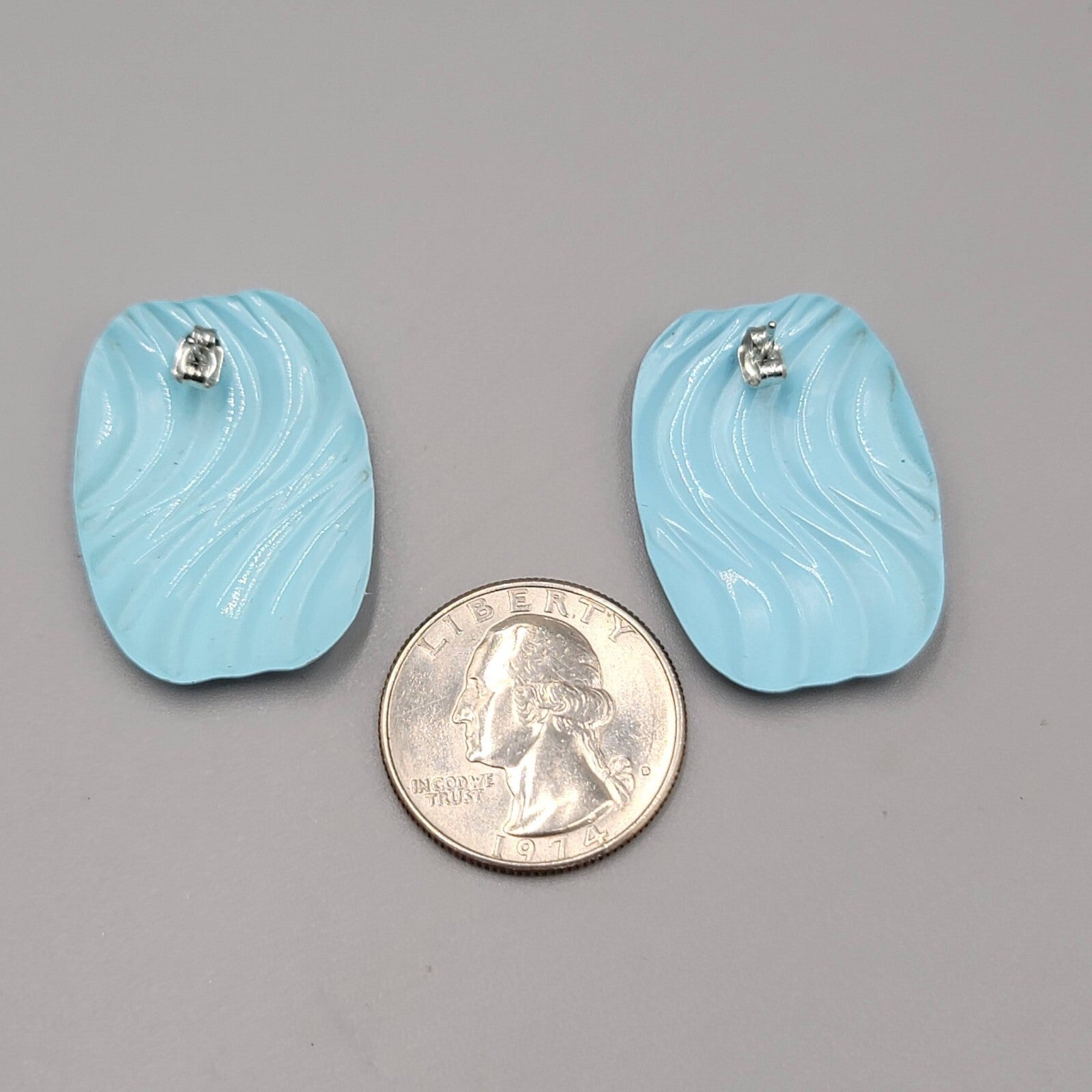 Vintage Pierced Earrings Light Blue Enamel Wavy Rectangle 1.25"