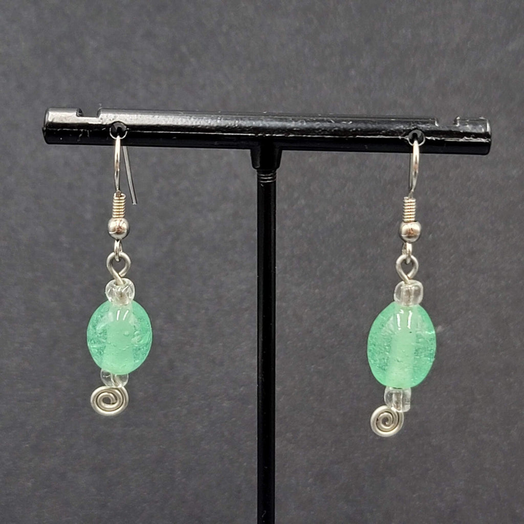 Pierced Earrings Silver tone Green Glass Beads Dangle 1"