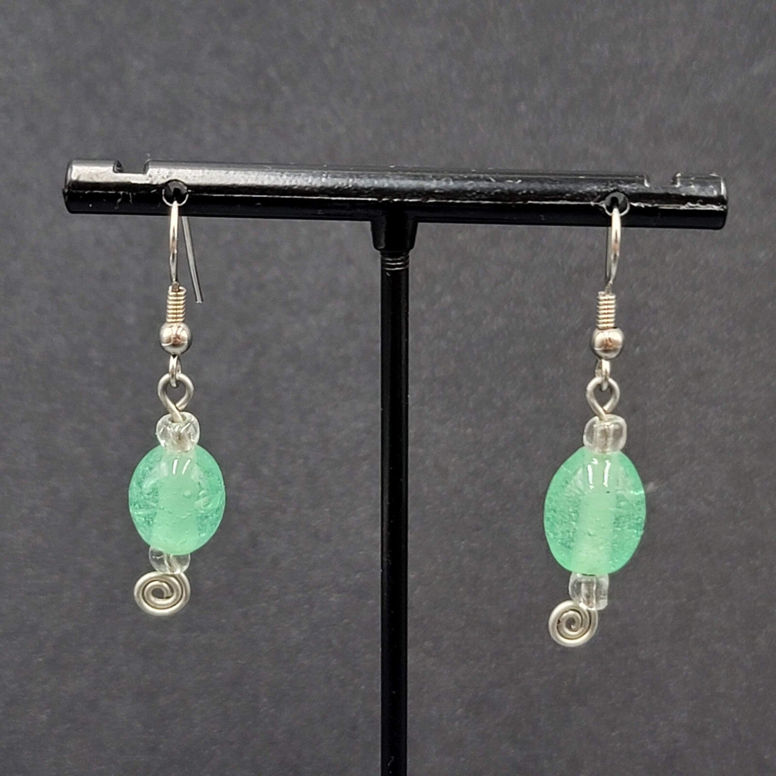Pierced Earrings Silver tone Green Glass Beads Dangle 1"