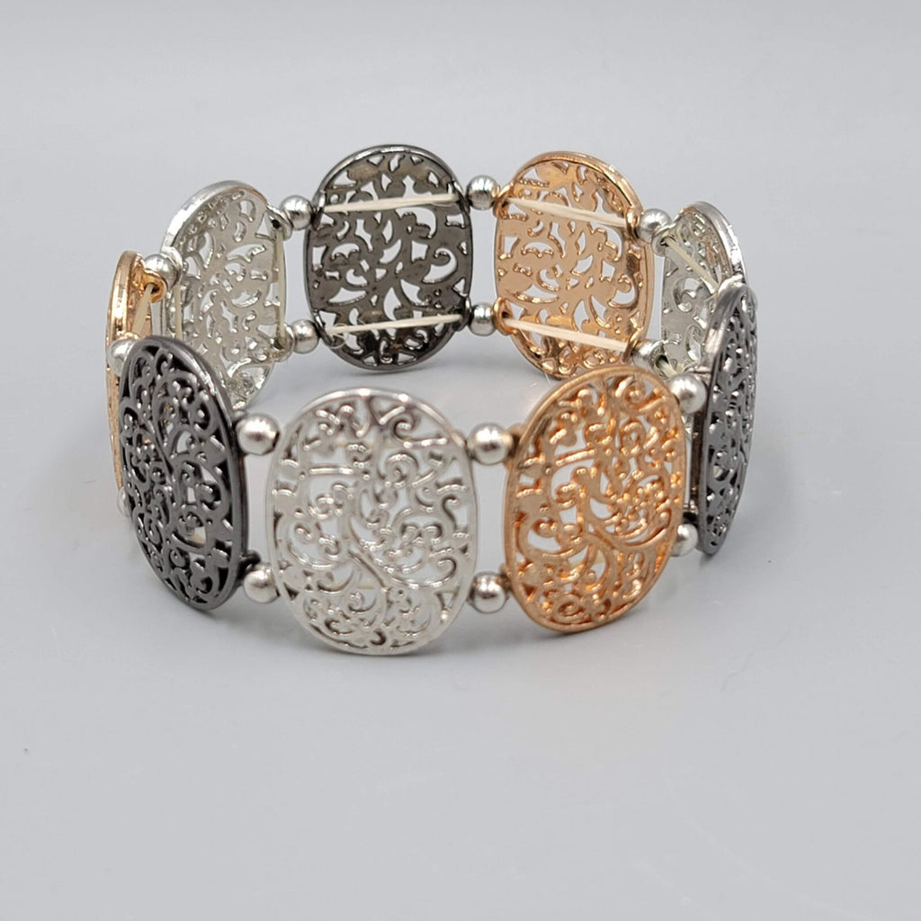 Tricolor Elastic Panel Bracelet Silver tone Gold tone Black Metal 7"
