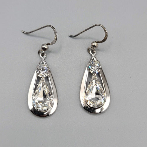 Dangle Crystal Pierced Earrings Silver tone Teardrop Sterling Hooks 1 1/8"