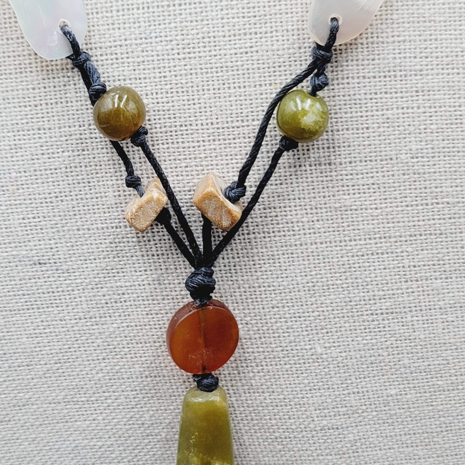 Necklace Glass Bead Shell Gemstone Bead on Black Cord 21"