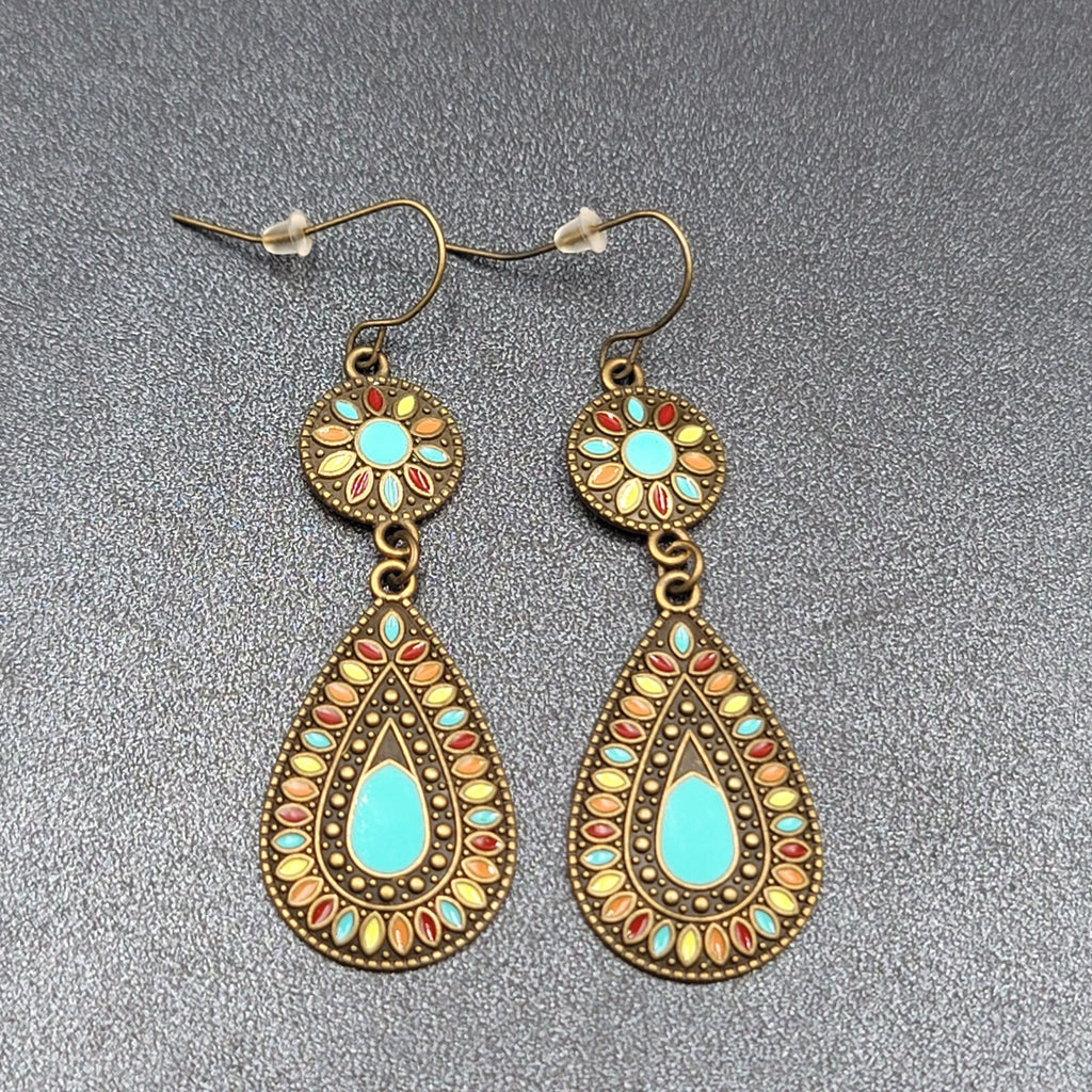 New Boho Pierced Earrings Multicolor Enamel Round Teardrop Blue Dangle 2.25"