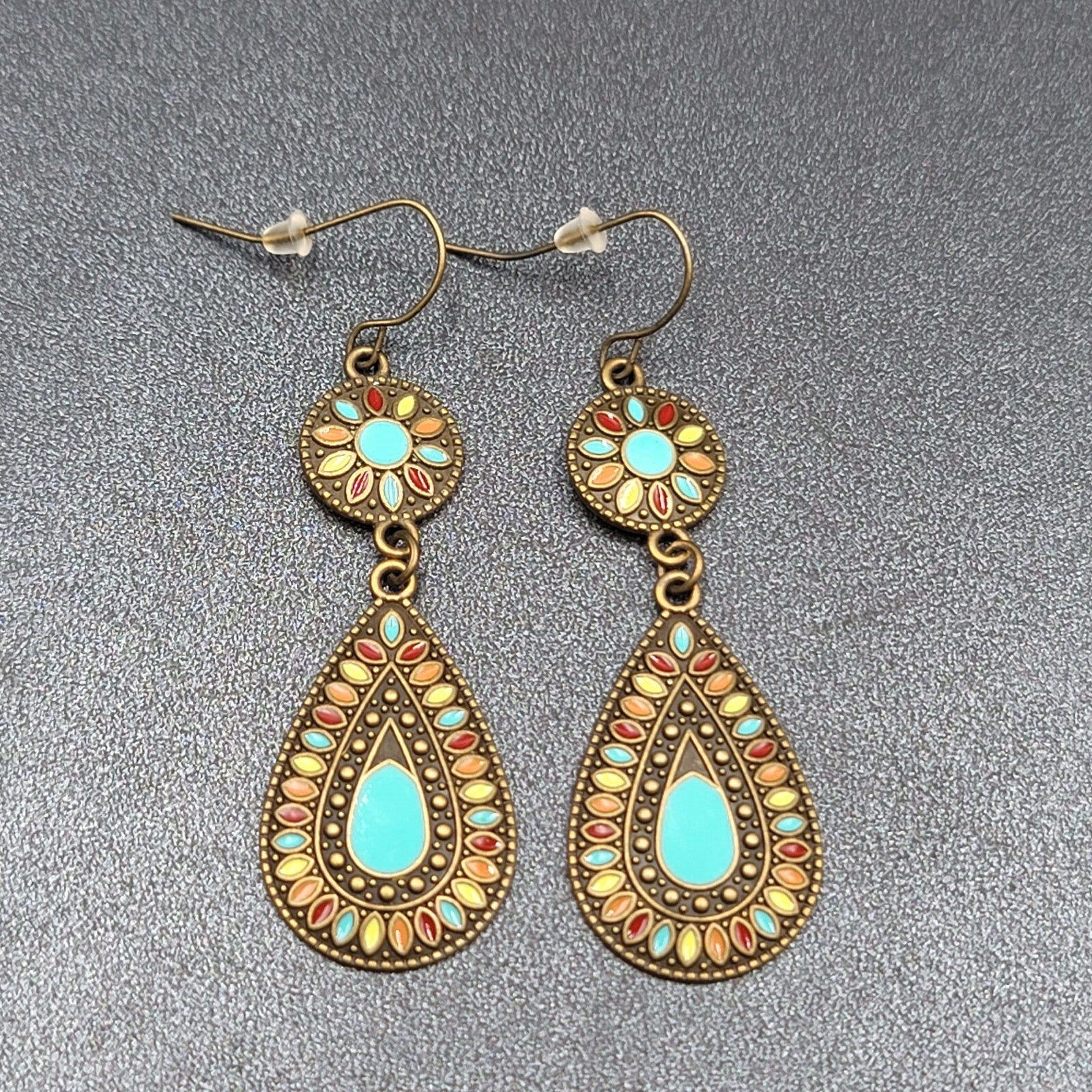 New Boho Pierced Earrings Multicolor Enamel Round Teardrop Blue Dangle 2.25"