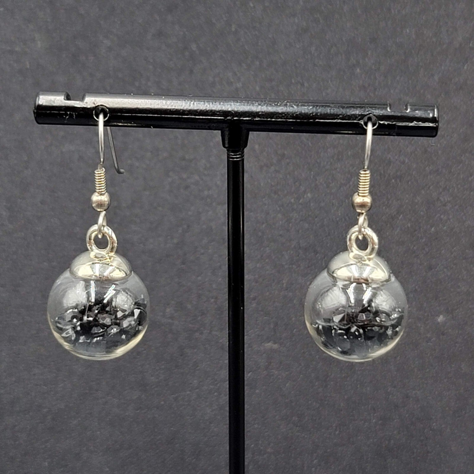 Pierced Earrings Silver tone Loose Black Rhinestones Filled Sphere Dangle 3/4"