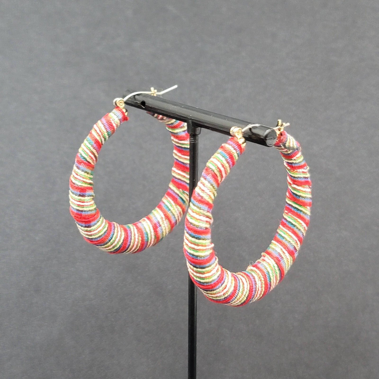 Pierced Earrings Plaid Fabric Wrapped Large Hoops  2"