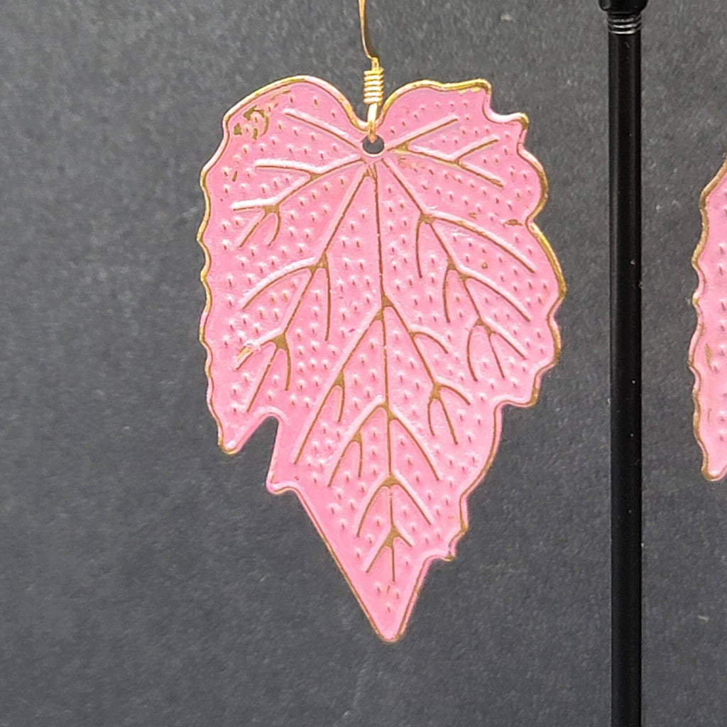 Pierced Earrings Gold tone Pink Enamel Large Statement Dangle Leaves Lightweight