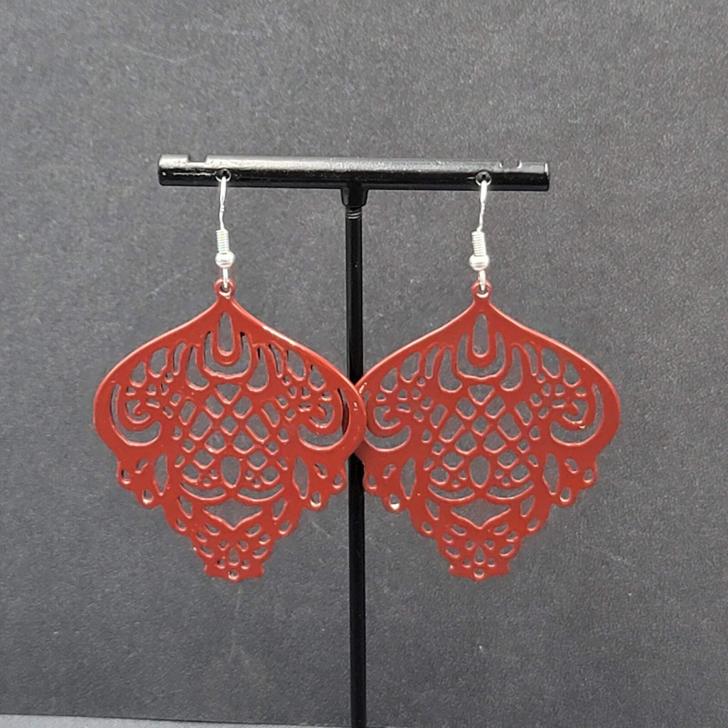 Pierced Earrings Burgandy Red Enamel over Metal Open work 2"