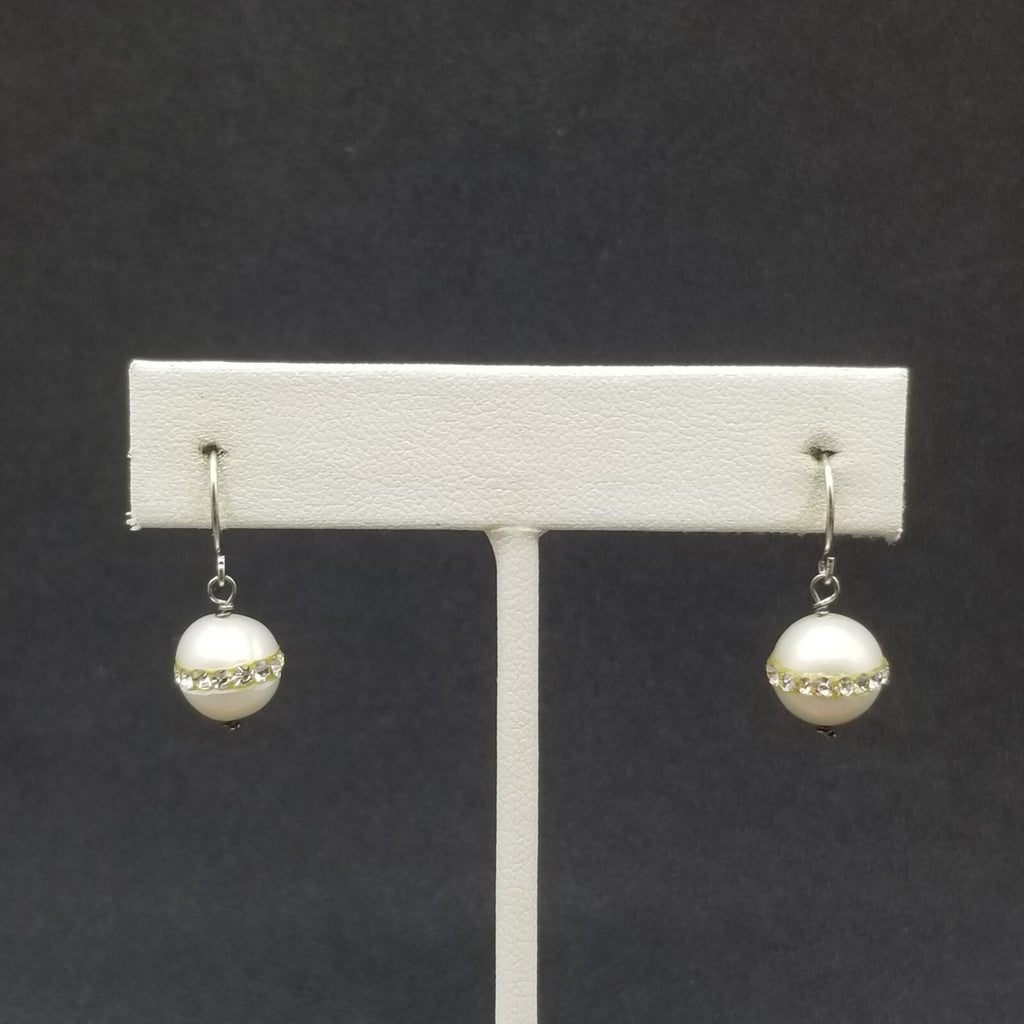 Pierced Earrings Faux Pearl Bead Faceted Crystal Dangle 1/2"