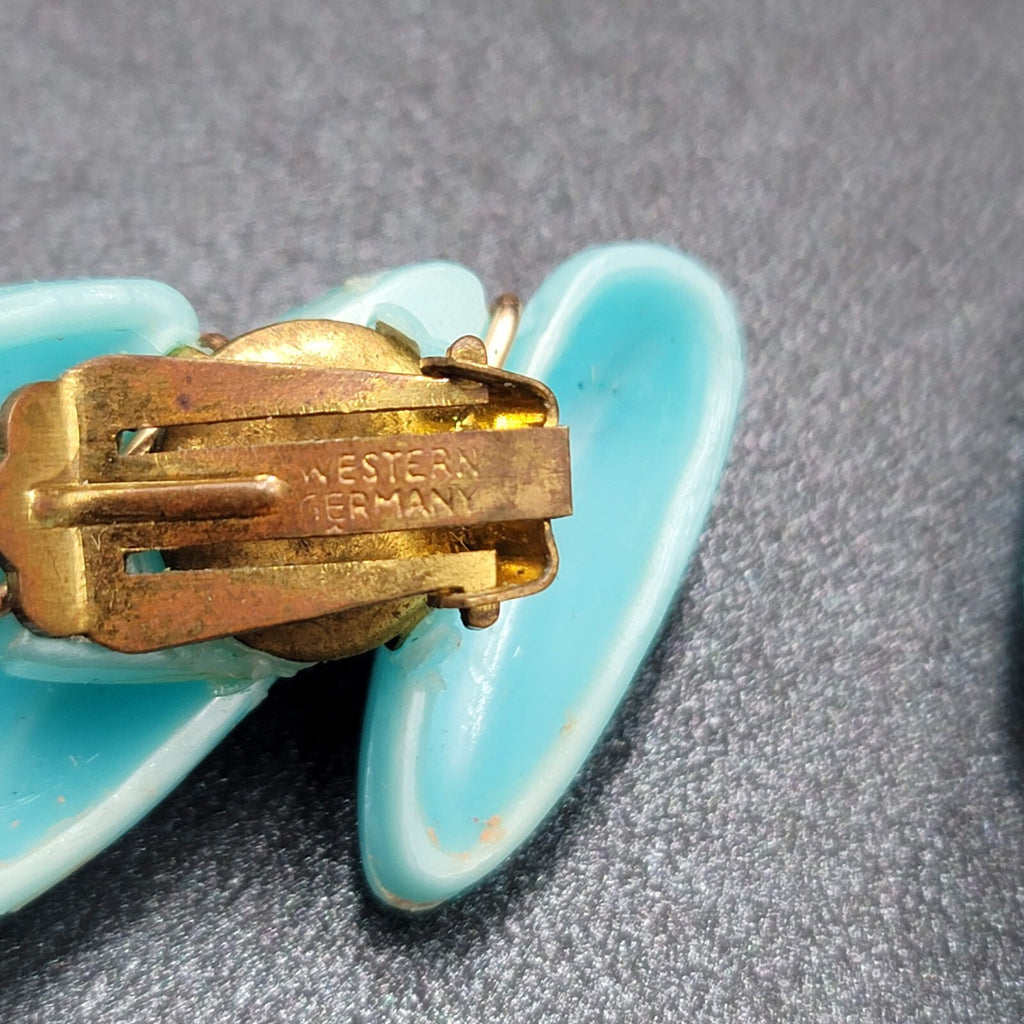 Vintage Clip on Earrings Lightweight Plastic Blue Climber W Germany 1 7/8"