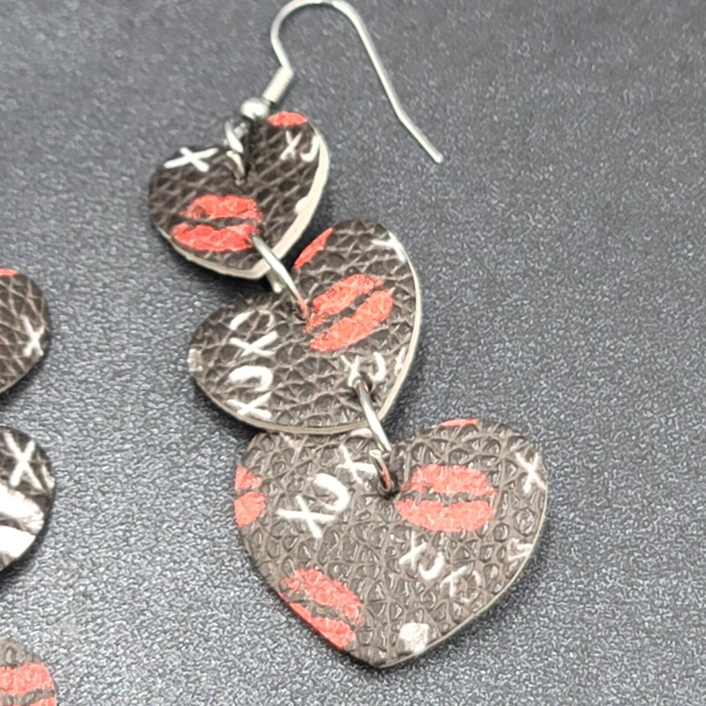 Pierced Earrings Black Faux Leather Kisses Hearts Silver tone Dangle 2.25"