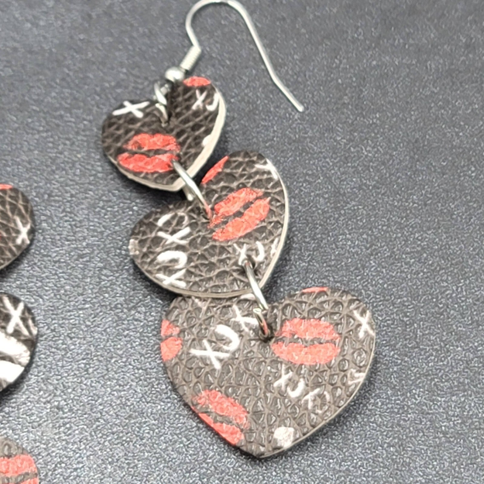 Pierced Earrings Black Faux Leather Kisses Hearts Silver tone Dangle 2.25"