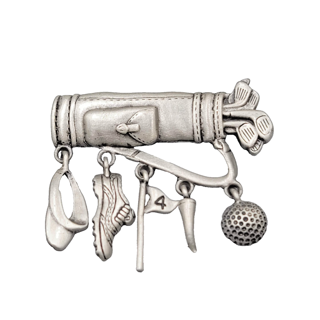 Vintage JJ Brooch Golf Clup Charms Silver tone Pewter 2 in