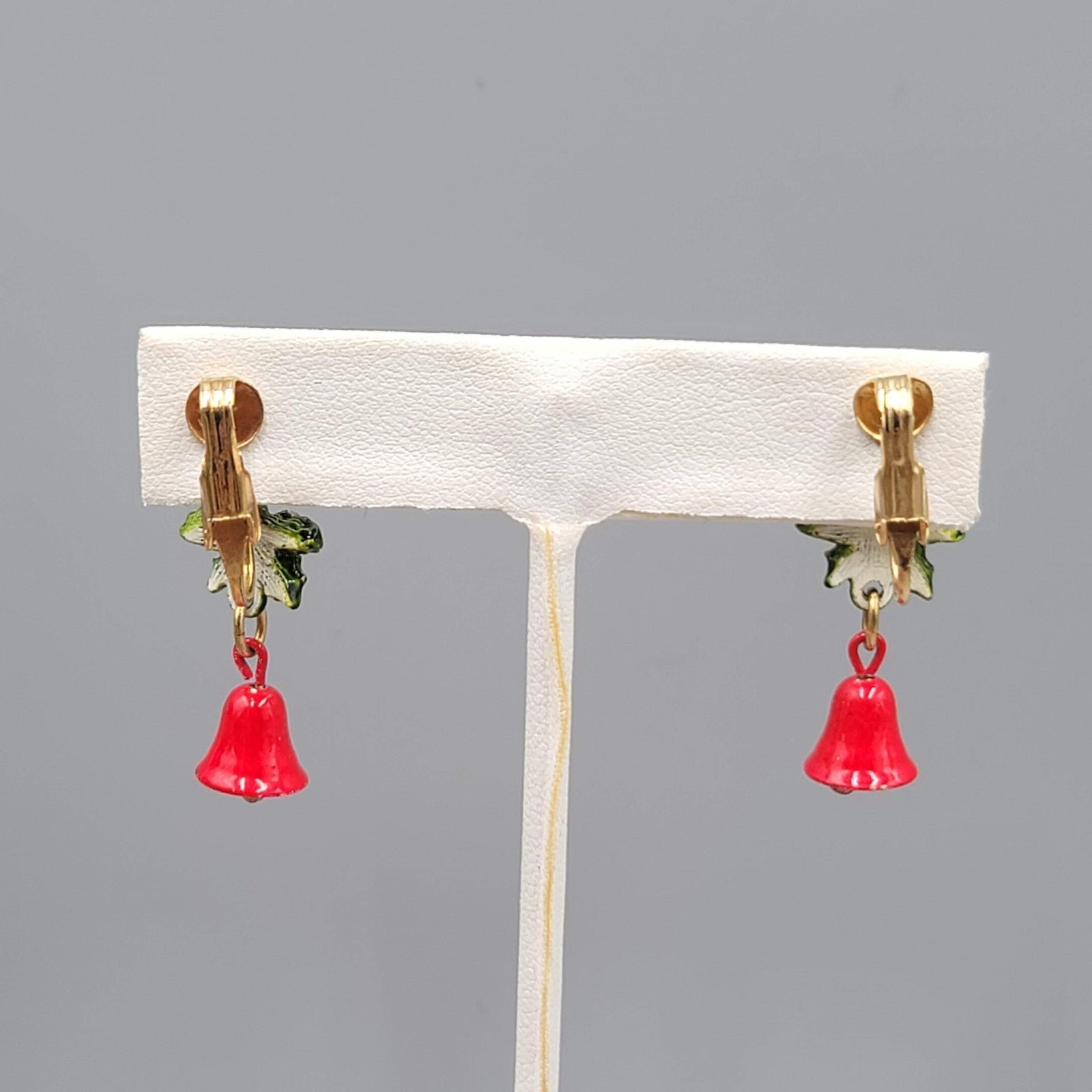 Vintage Christmas Clip on Earrings Gold tone Dangle Holly Jingle Bells 1.25 in