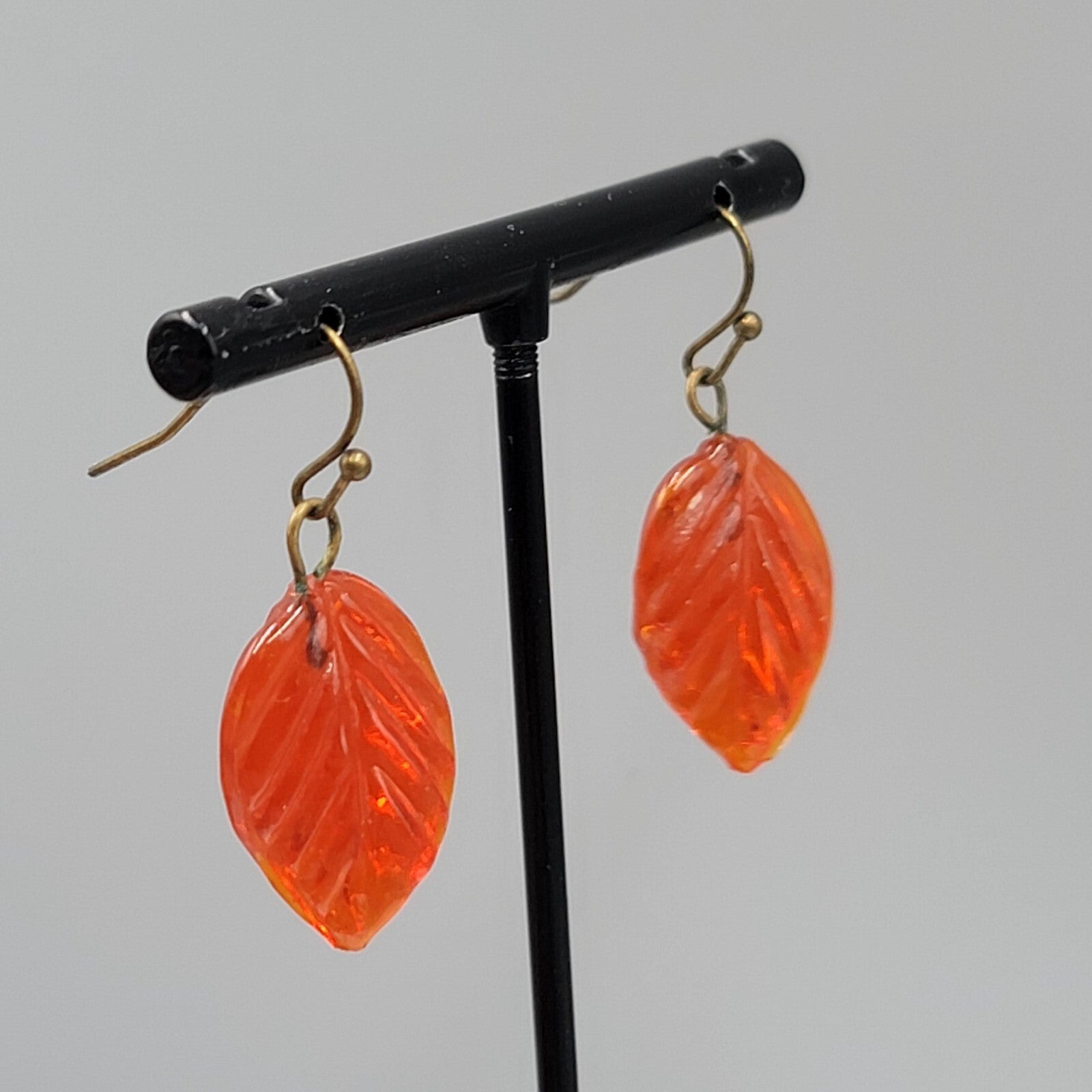 Orange Glass Leaf Pierced Earrings Bronze tone Dangle 1"