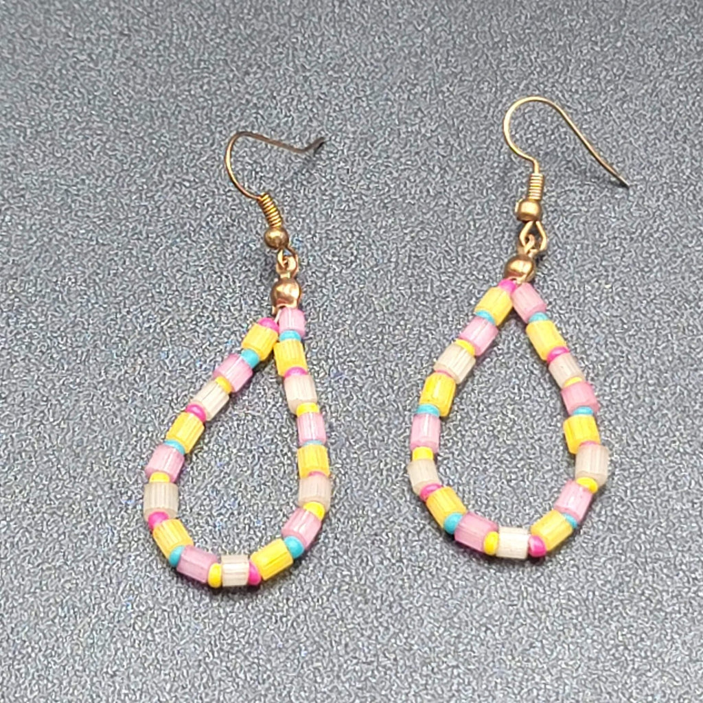 Pierced Earrings Blue Yellow Pink Beaded Teardrop Hoops 1.75"