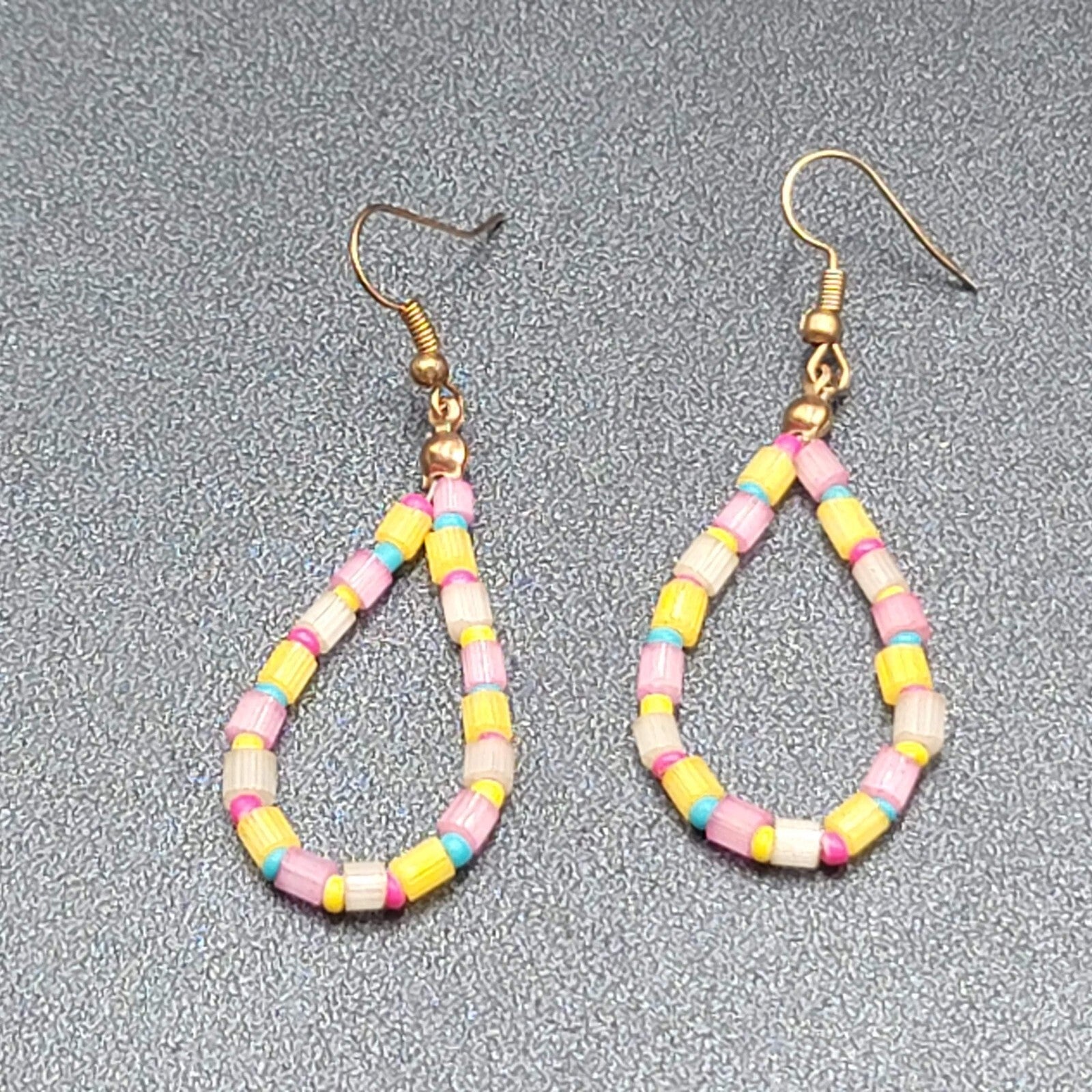 Pierced Earrings Blue Yellow Pink Beaded Teardrop Hoops 1.75"