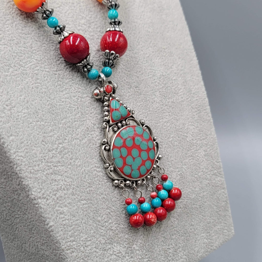 Statement Bead Necklace Red Yellow Blue Silver tone Unique Unusual 22"