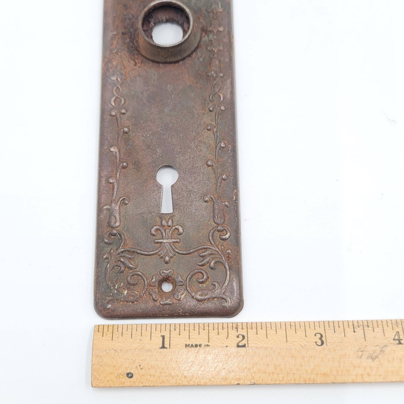 Vintage Ornate Steel Doorknob Back Plate 6" x 2" holes 2.5"