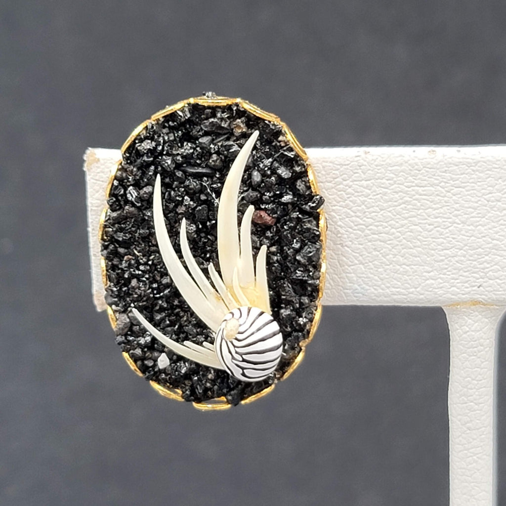 Vintage Clip on Earrings Gold tone Black Druzy Seashell Drop 1"