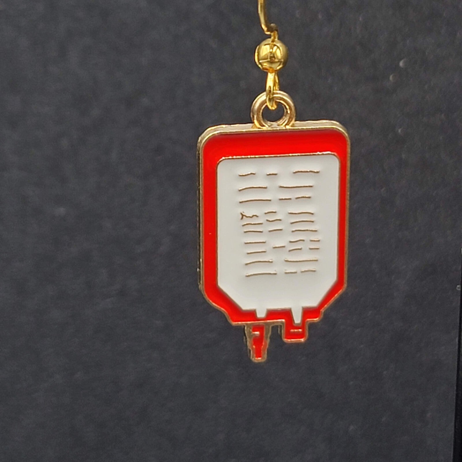 Nurse Pierced Earrings Medical IV Bag Red White Enamel Gold tone Dangle 1"