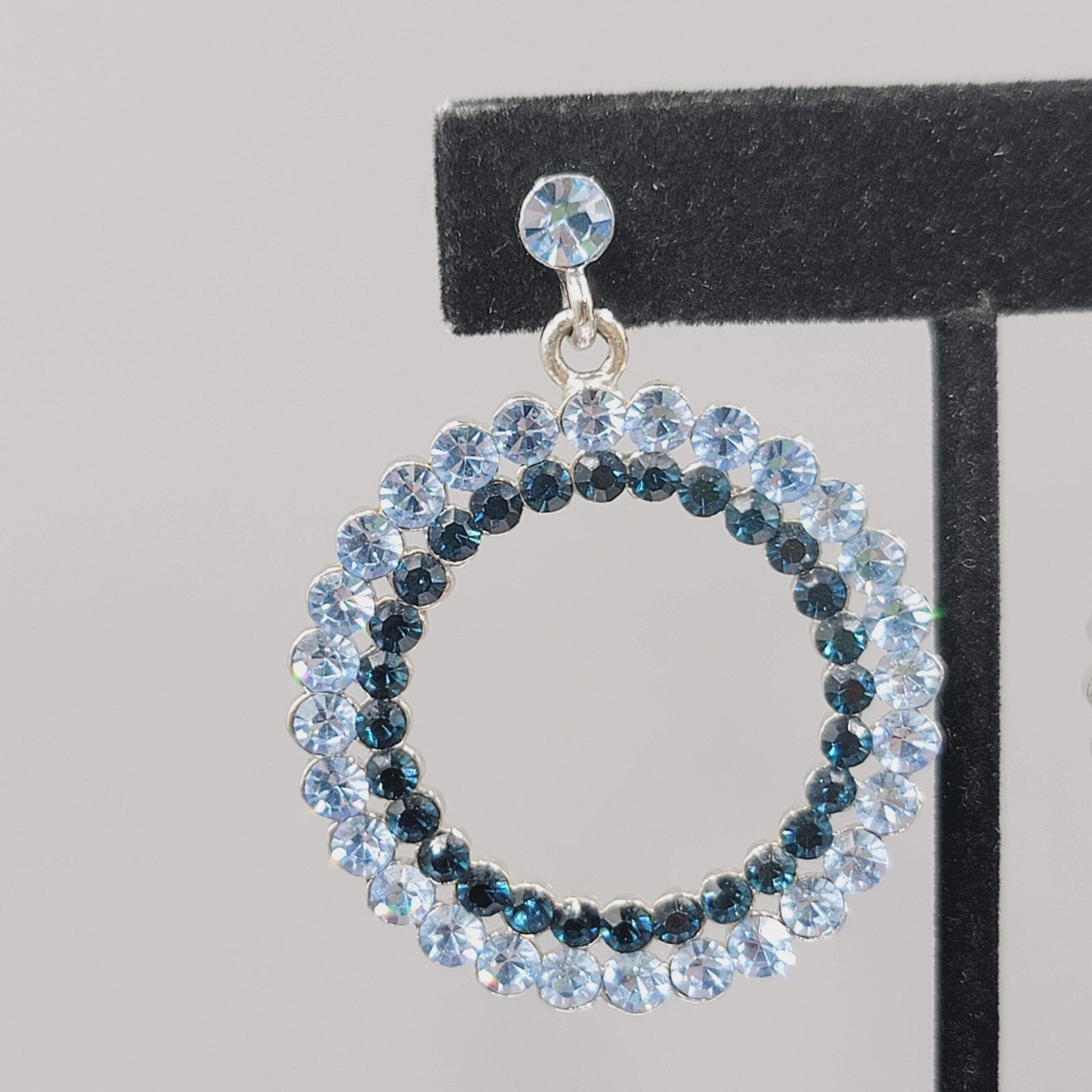 Blue Rhinestone Pierced Earrings Silver tone Open Circle Dangle 1 5/8"
