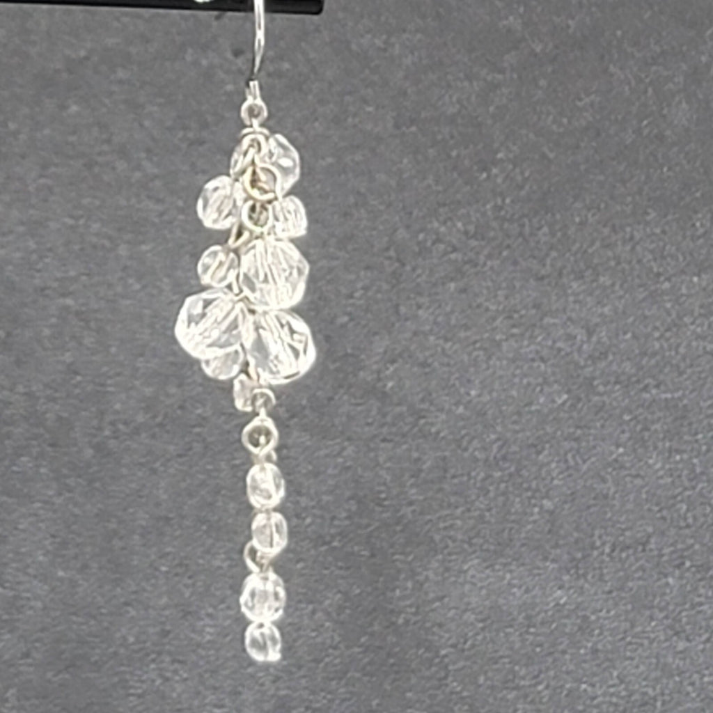 Pierced Earrings Silver tone Clear Bead Cluster Dangle 2.25"