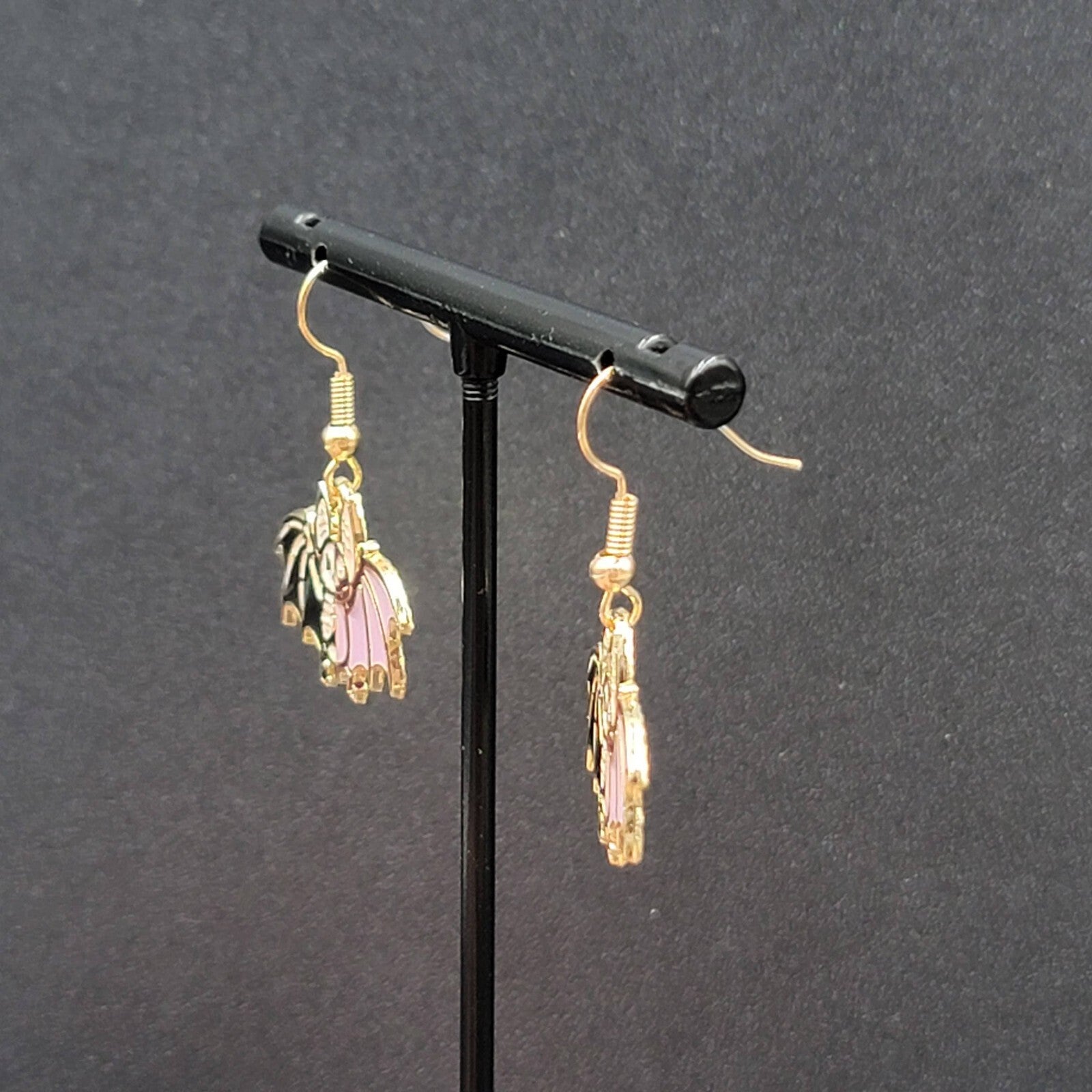 Zombie Bat Pierced Earrings Halloween Half Skeleton Enamel Dangle 3/4"