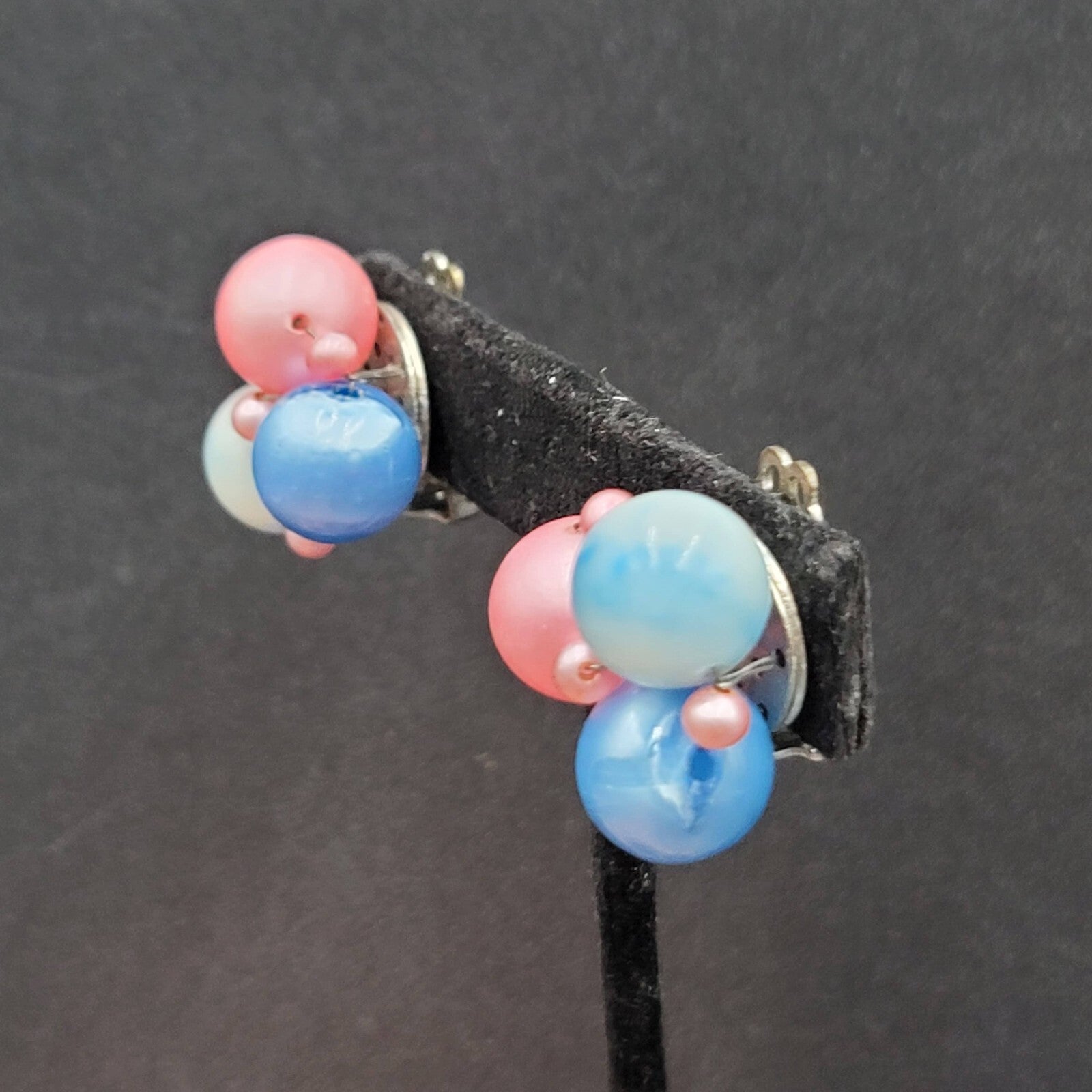 Vintage Clip on Earrings Pink Blue Cluster Beaded Japan 7/8"
