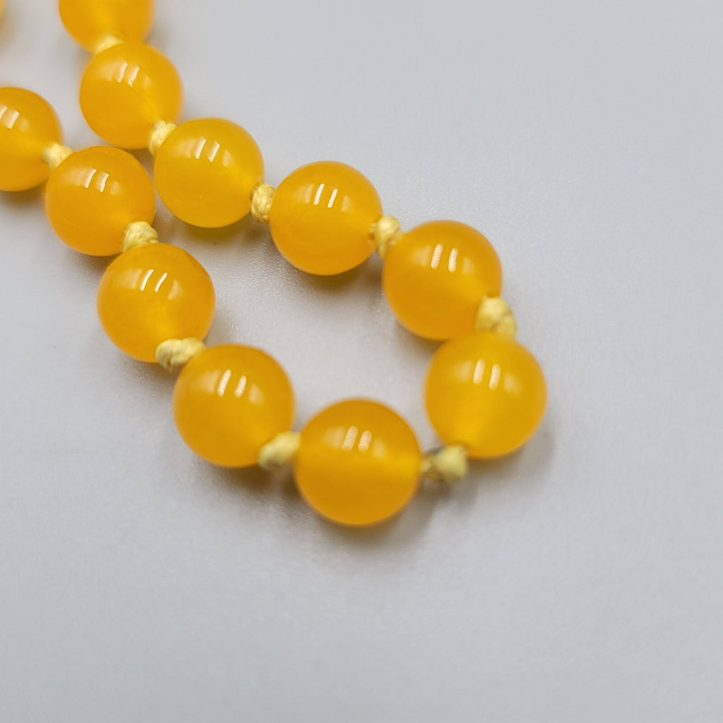 Yellow Glass Bead Hand Knotted Necklace Gold tone Long Chain 34"-37"