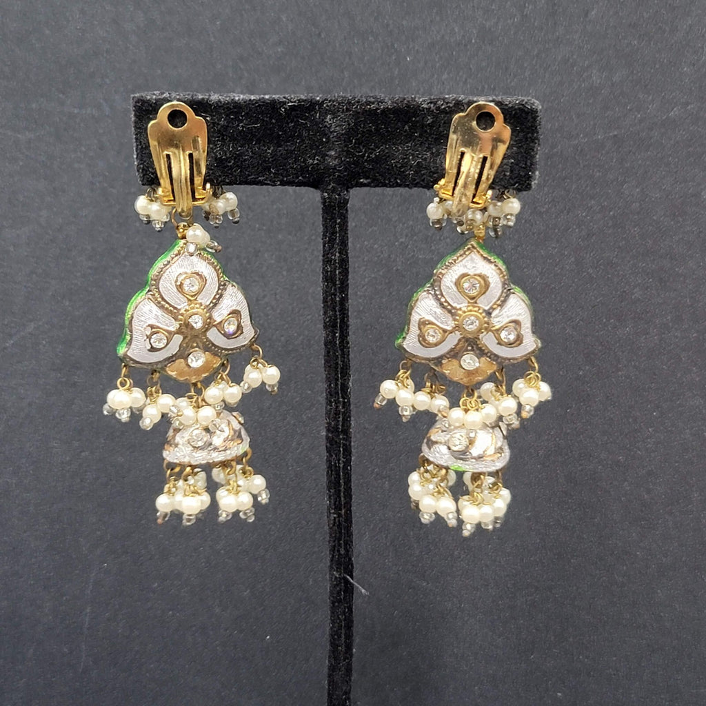 Clip on Earrings Large Enamel Guilloche Beaded Chandelier India Jewelry 2.75"