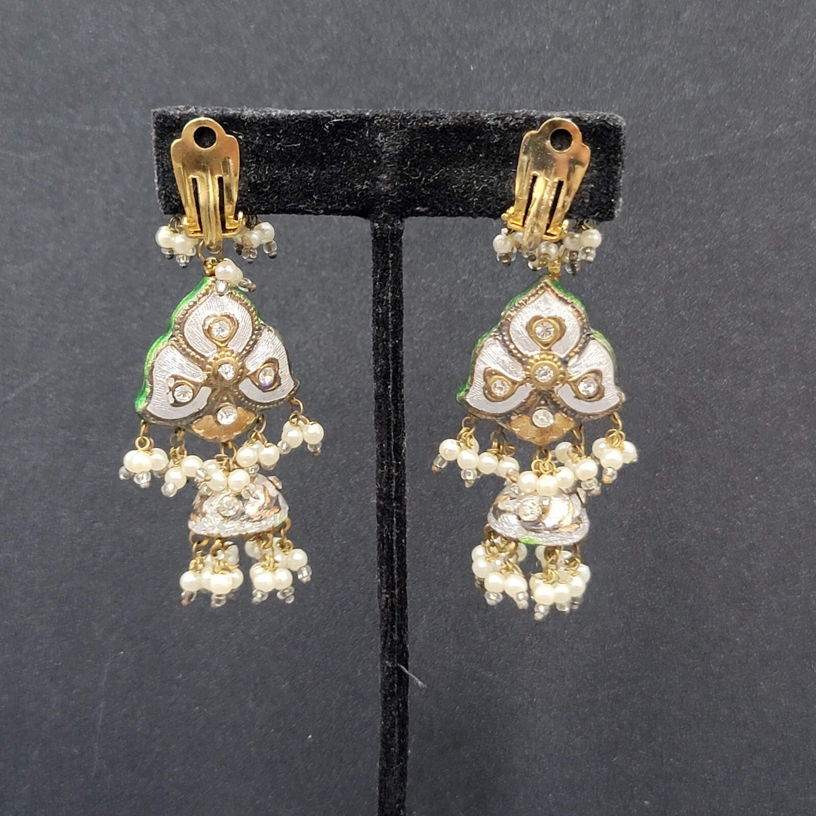 Clip on Earrings Large Enamel Guilloche Beaded Chandelier India Jewelry 2.75"