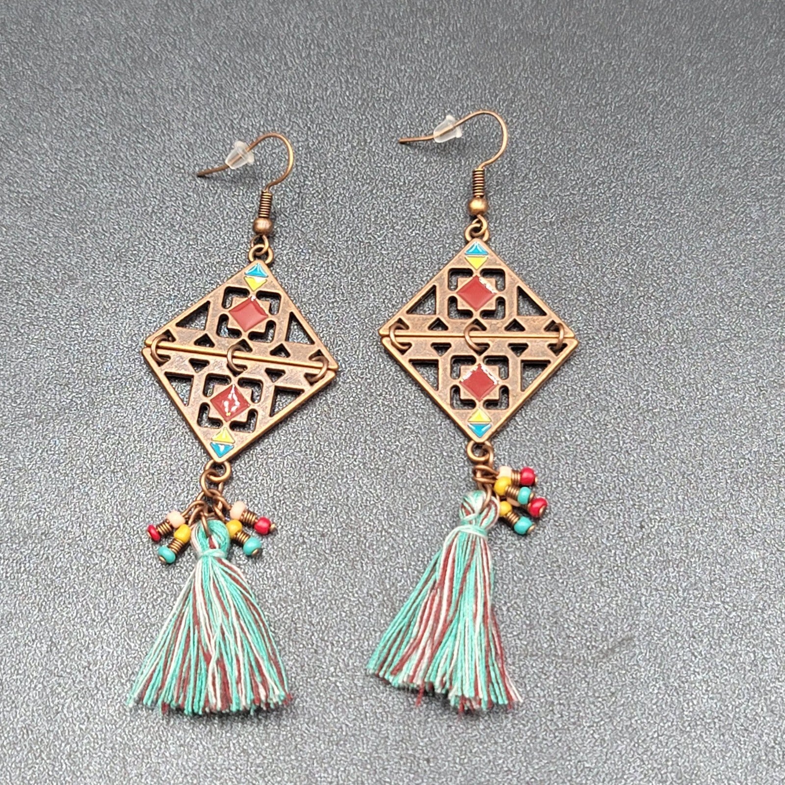 New Boho Pierced Earrings Copper tone Enamel Blue Tassel Long 3"