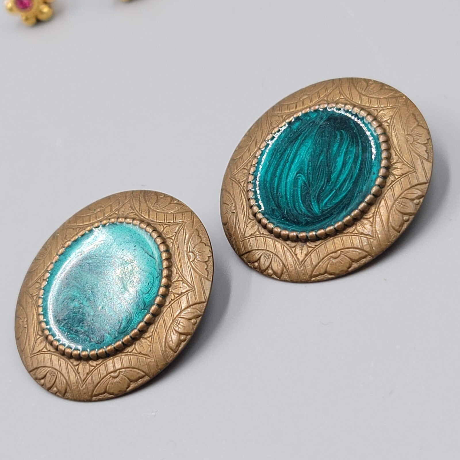 Large Round Pierced Earrings Bronze tone Green Swirl Enamel Drop 1 5/8"