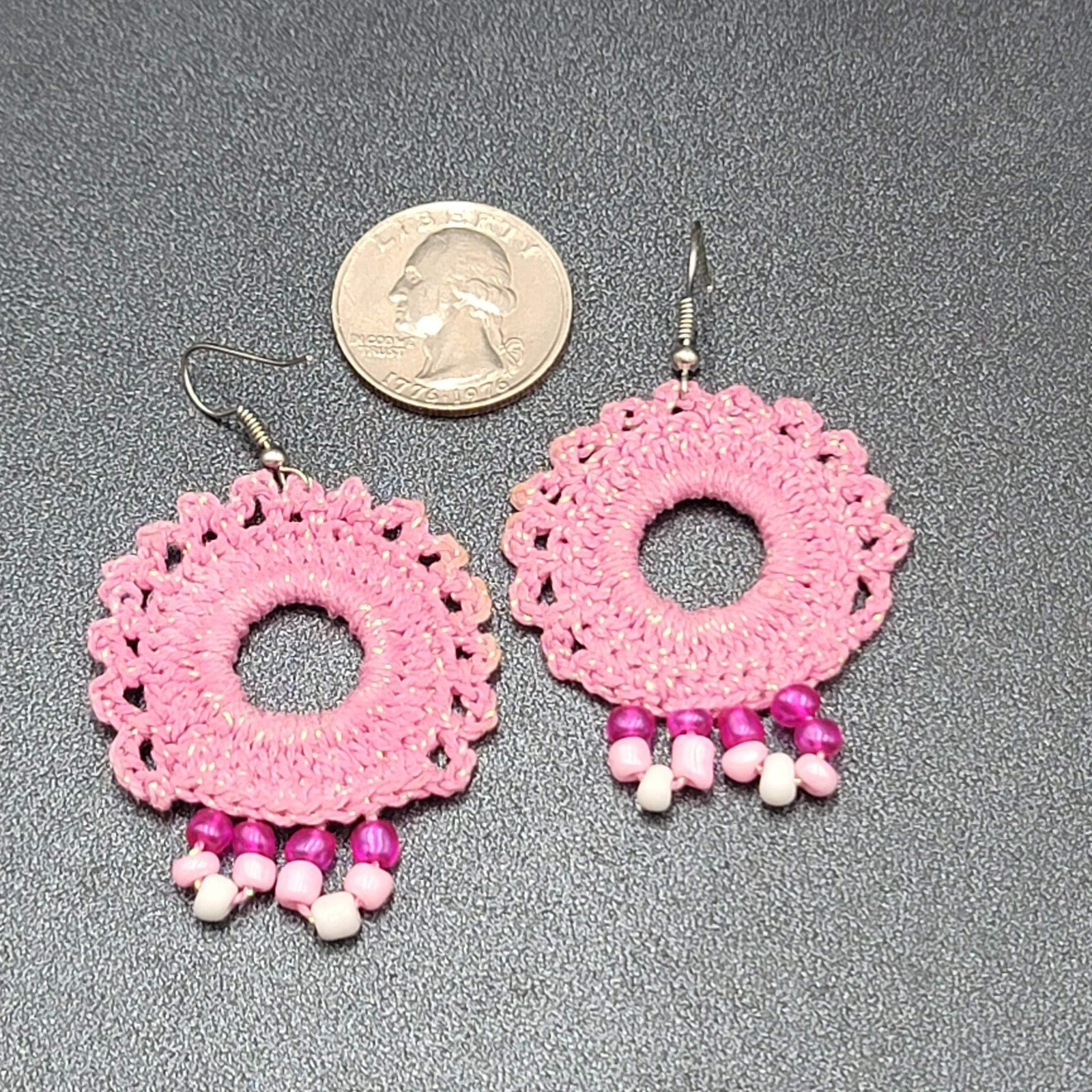 Pierced Earrings Pink Crochet Bead Dangle 1 7/8"