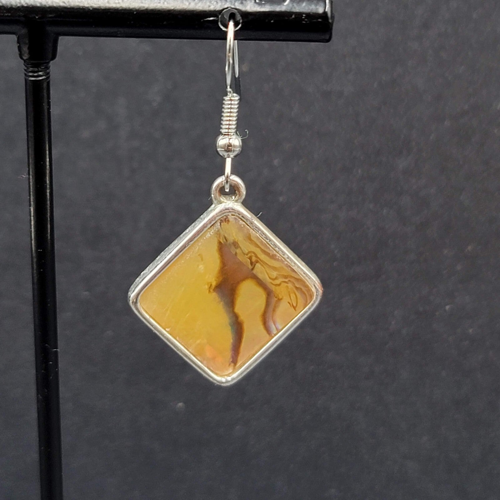 Pierced Earrings Silver tone Yellow Faux Abalone Square Dangle 7/8"