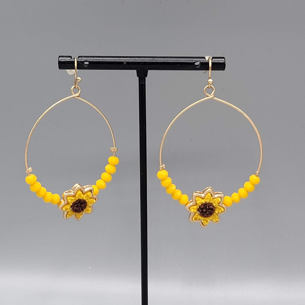 Sunflower Pierced Earrings Gold tone Yellow Bead Dangle hoops 2"