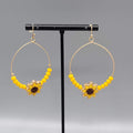 Sunflower Pierced Earrings Gold tone Yellow Bead Dangle hoops 2"