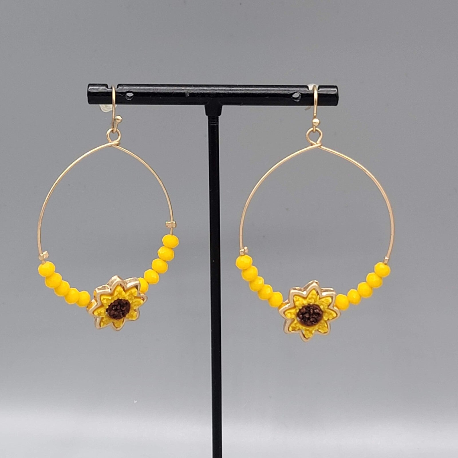 Sunflower Pierced Earrings Gold tone Yellow Bead Dangle hoops 2"