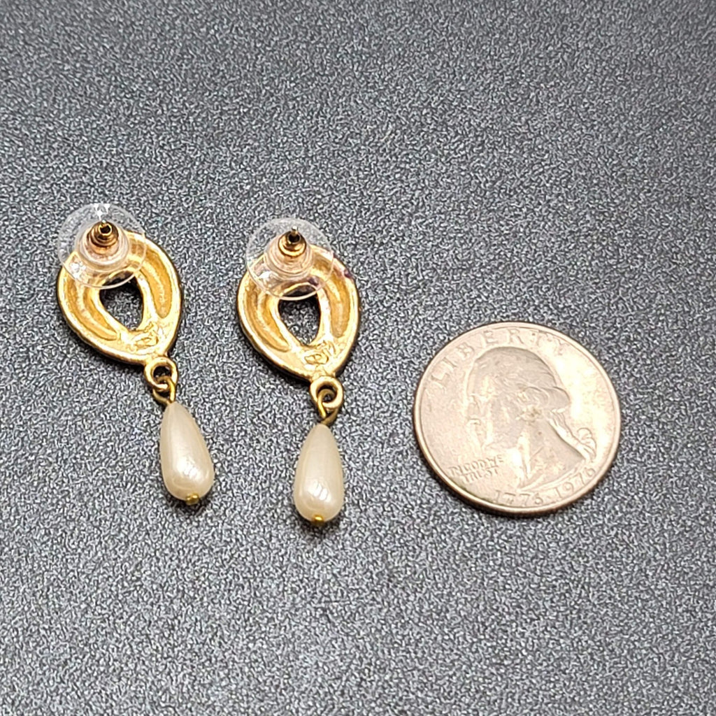 Vintage Pierced Earrings Purple Enamel Faux Pearl Teardrop Signed Dangle 1 3/8"
