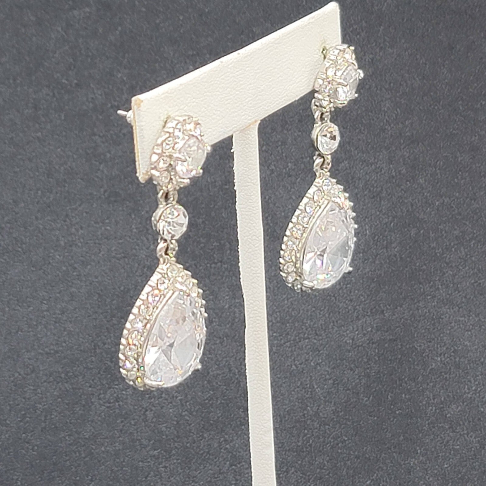 Pierced Earrings Silver tone Large Rhinestone Signed Wedding Prom Well Made 2"