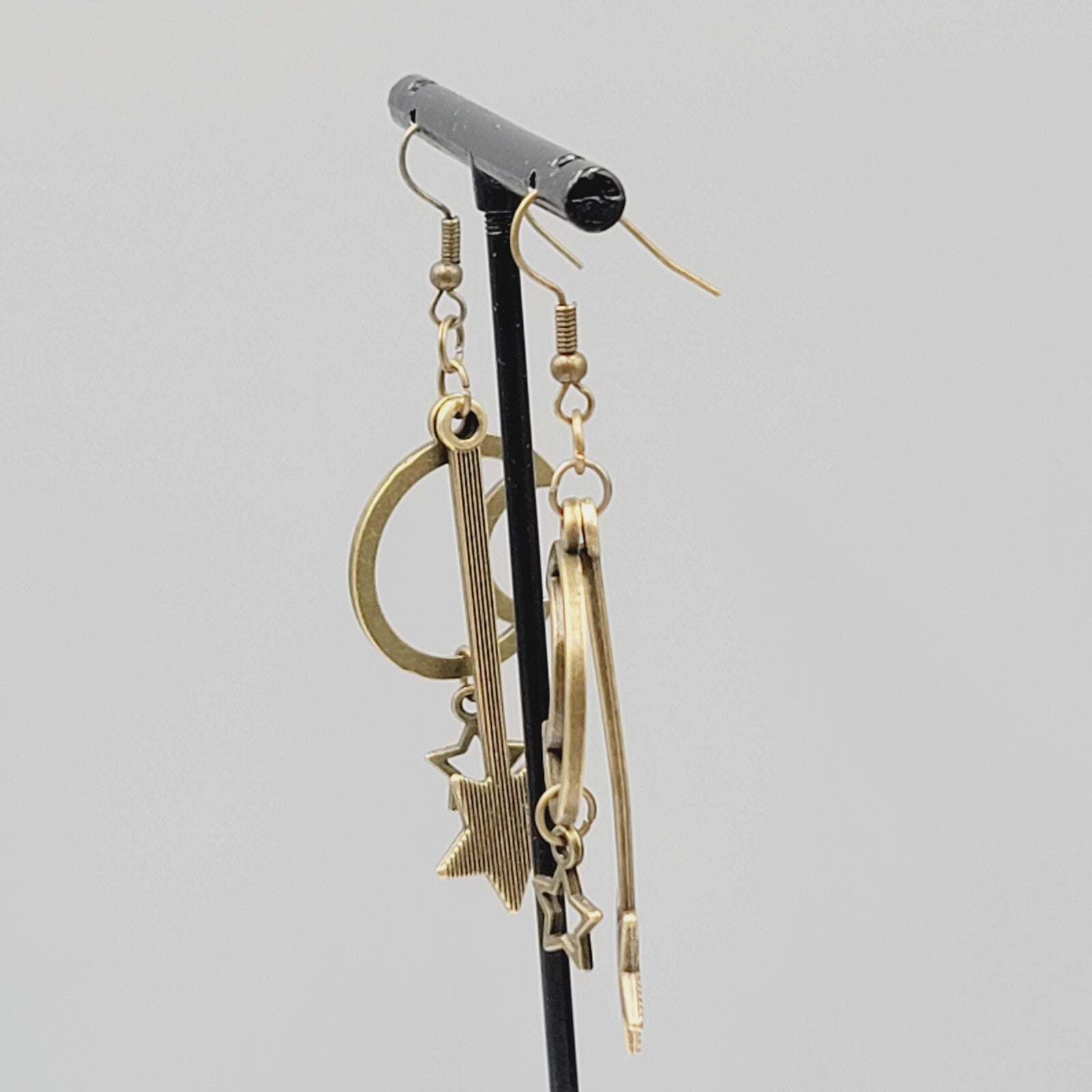 Open Work Moon Dangle Stars Pierced Earrings Bronze tone 2"