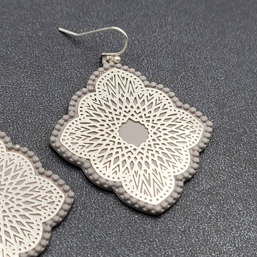 Pierced Earrings Silver tone Gray Enamel Filigree Enamel 1.75"